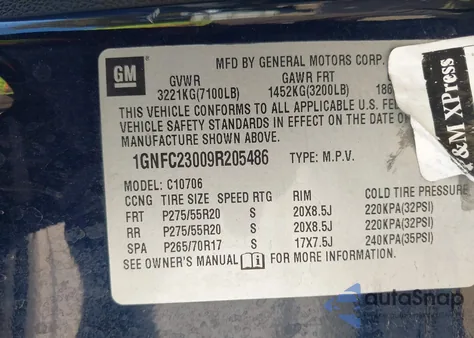 2009 Chevrolet Tahoe Lt1 z USA, uszkodzony, nr VIN 1GNFC23009R205486